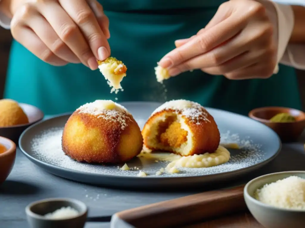 El chef experto en cocina siciliana moldea arancini, una receta tradicional siciliana, antes de freírlos