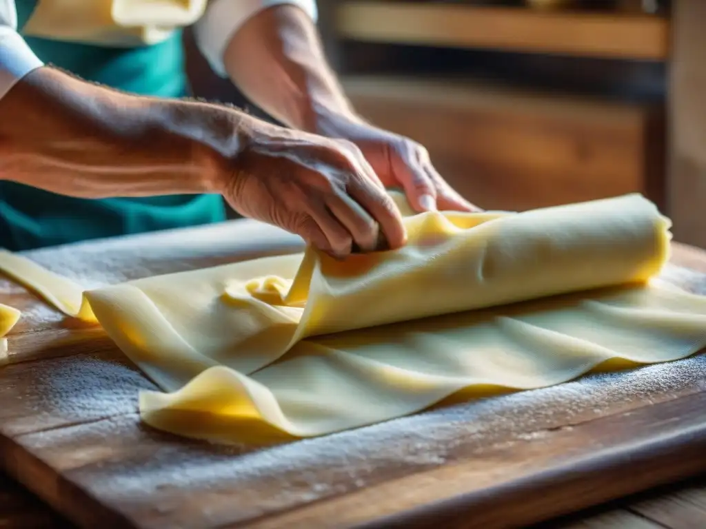 Chef experto en cocina tradicional de Umbría amasa finas láminas de pasta fresca en una cocina rústica iluminada cálidamente