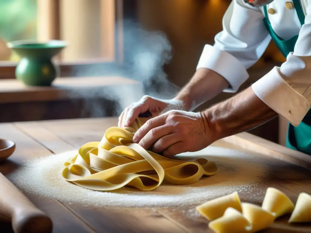 Un chef experto en cocina tradicional de centro Italia elabora tagliatelle a mano en una cocina rústica