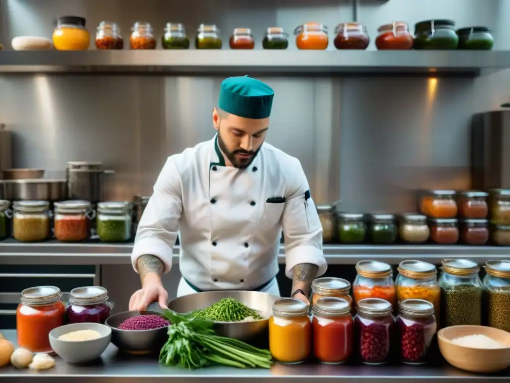 Un chef experto en una cocina vegana italiana prepara fermentados