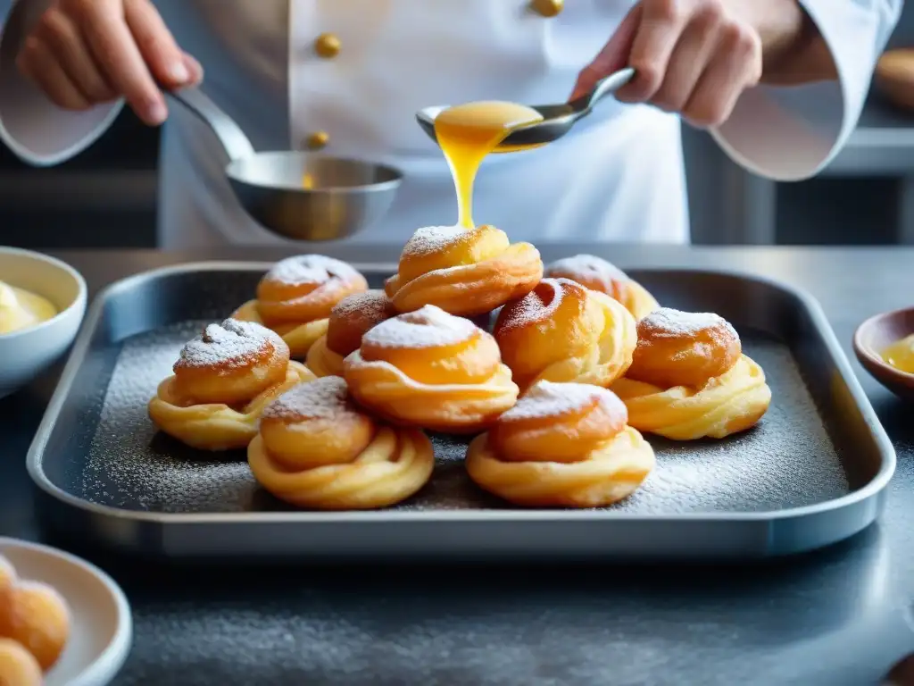 Un chef experto friendo zeppole, destacando su color dorado y textura crujiente