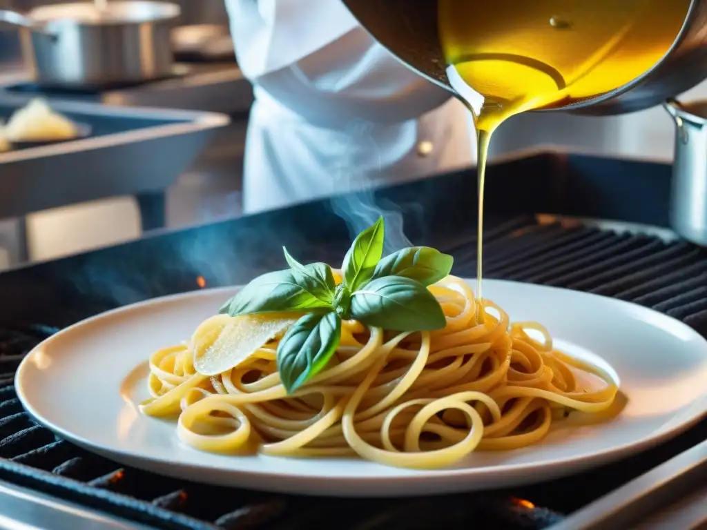 Un chef experto transforma comida rápida italiana en gourmet, en una cocina bulliciosa y elegante