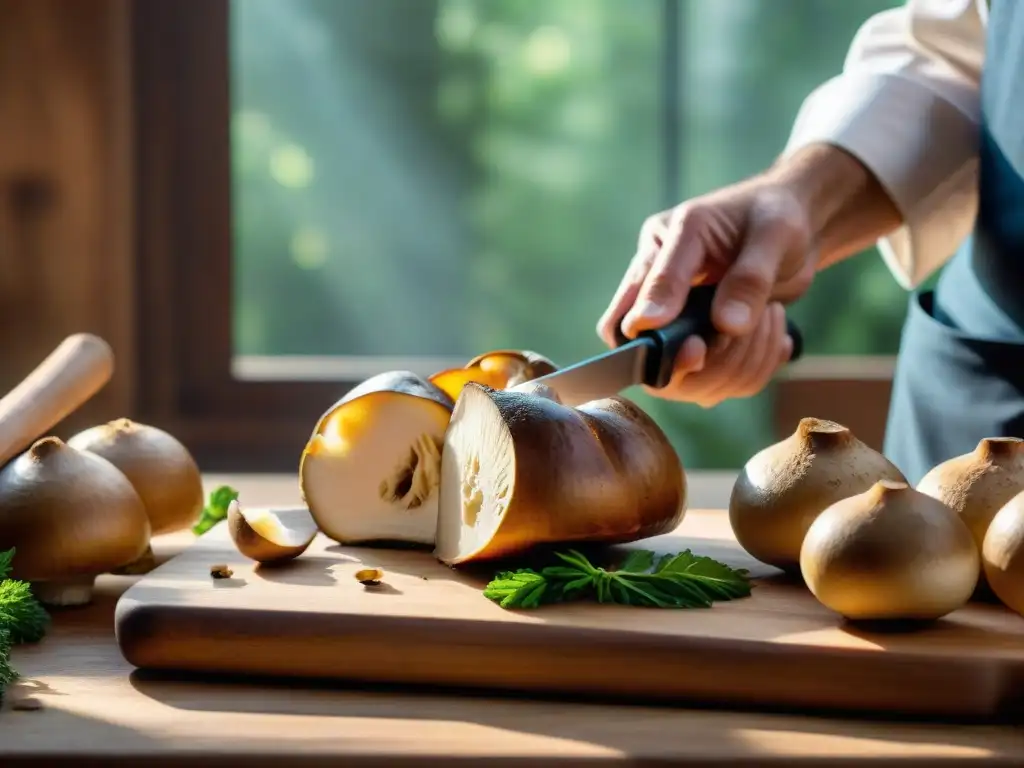 Un chef experto corta con destreza una seta Porcini DOP en una cocina italiana rústica