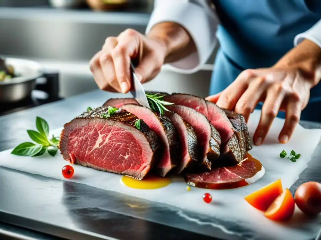 Un chef experto corta finas láminas de filete de res marmoleado para preparar un Carpaccio, mostrando precisión y destreza