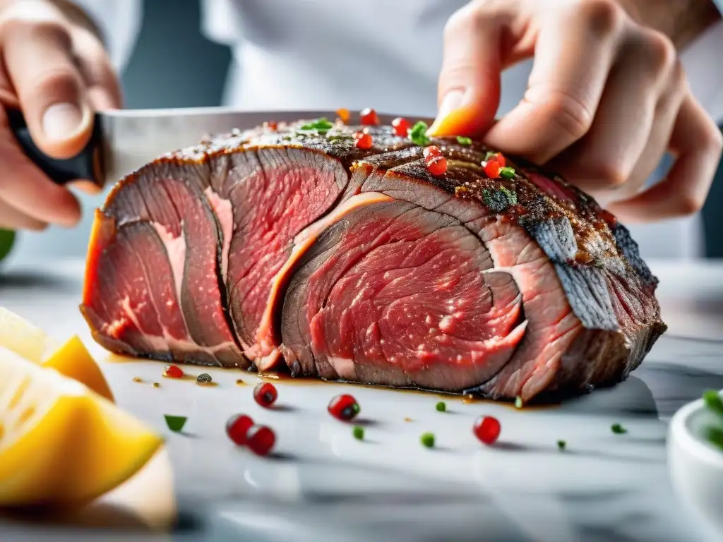 Un chef experto corta finas lonchas de carne para preparar Carpaccio de res receta fácil