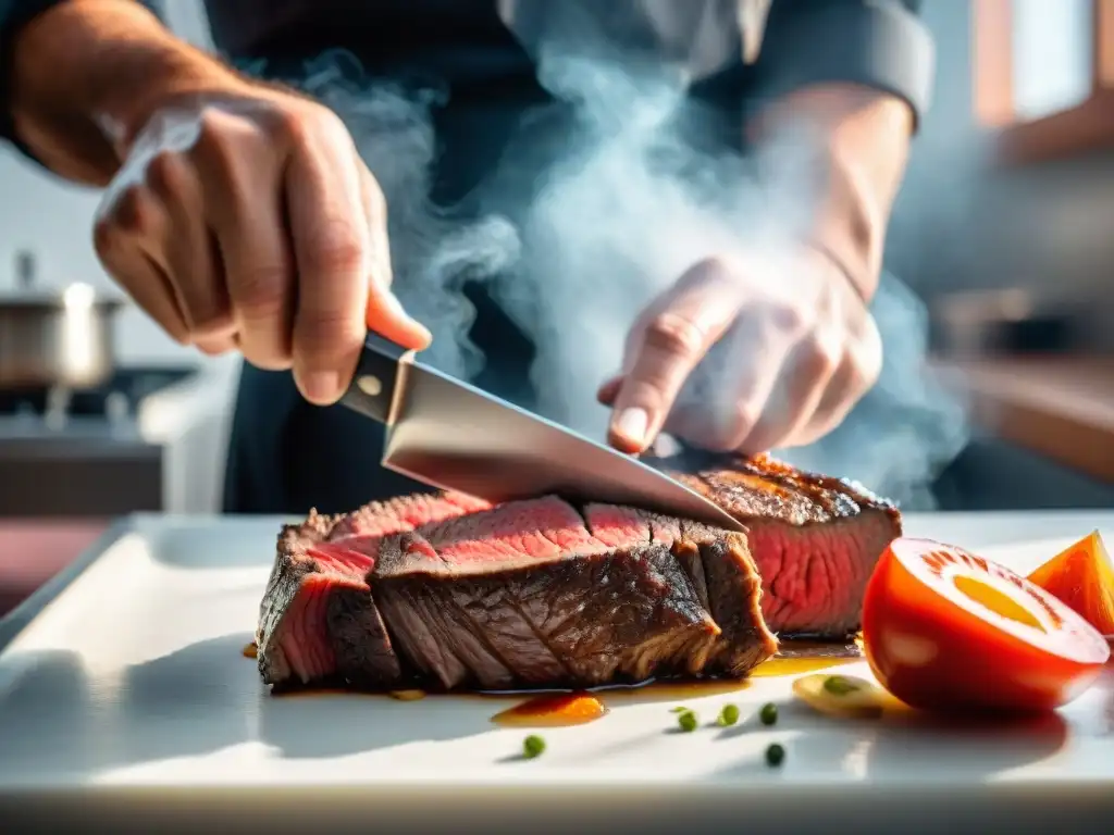 Un chef experto corta finas lonjas de carne en una cocina profesional