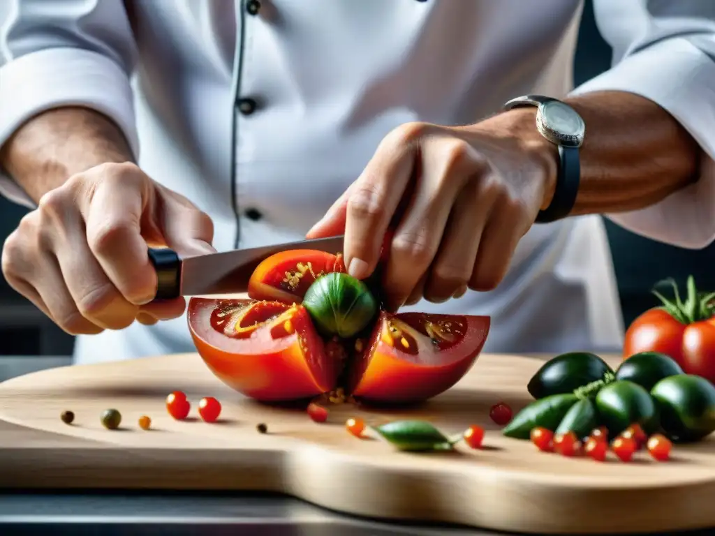 Un chef experto corta una jugosa tomate roja con precisión, mostrando la fusión de la música y la cocina italiana