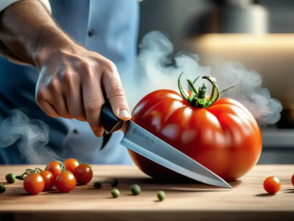 Un chef experto corta tomate rojo con cuchillo artesanal cocina italiana