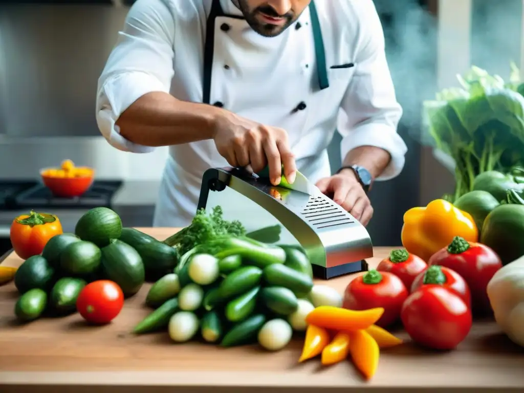 Un chef experto corta vegetales con precisión usando mandolinas italianas para cortar vegetales