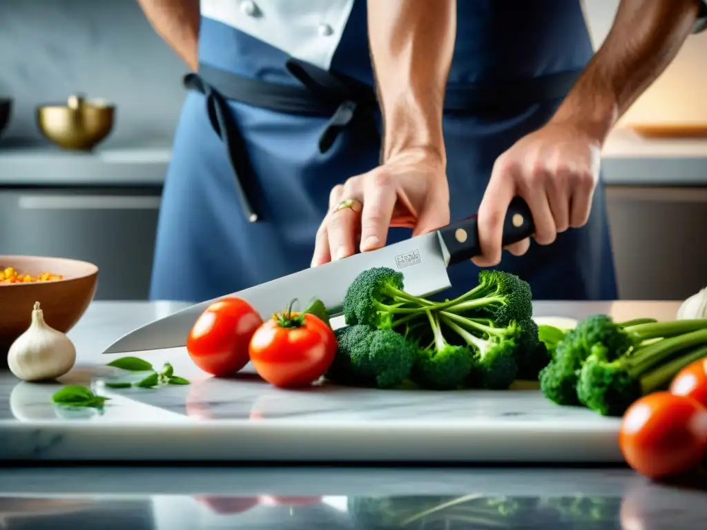 Un chef experto corta verduras frescas con utensilios especiales de cocina italiana en una elegante cocina moderna