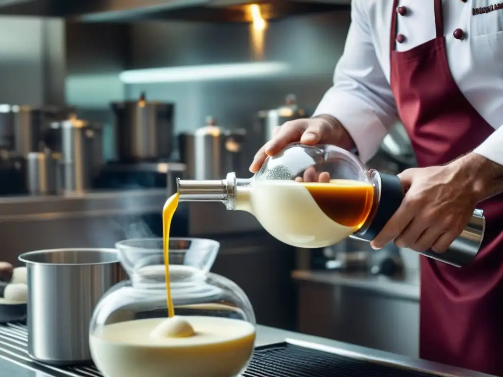 Chef experto usando sifón para crear crema esponjosa en cocina italiana moderna