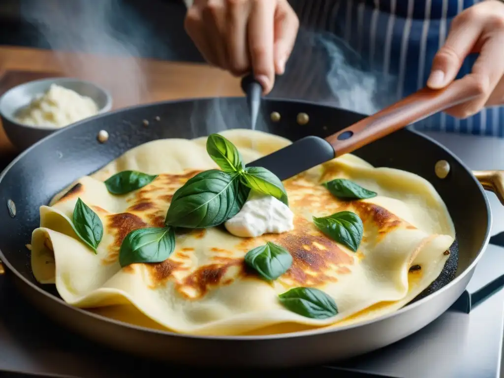 Un chef experto preparando crespelle alla fiorentina en una cocina italiana bulliciosa