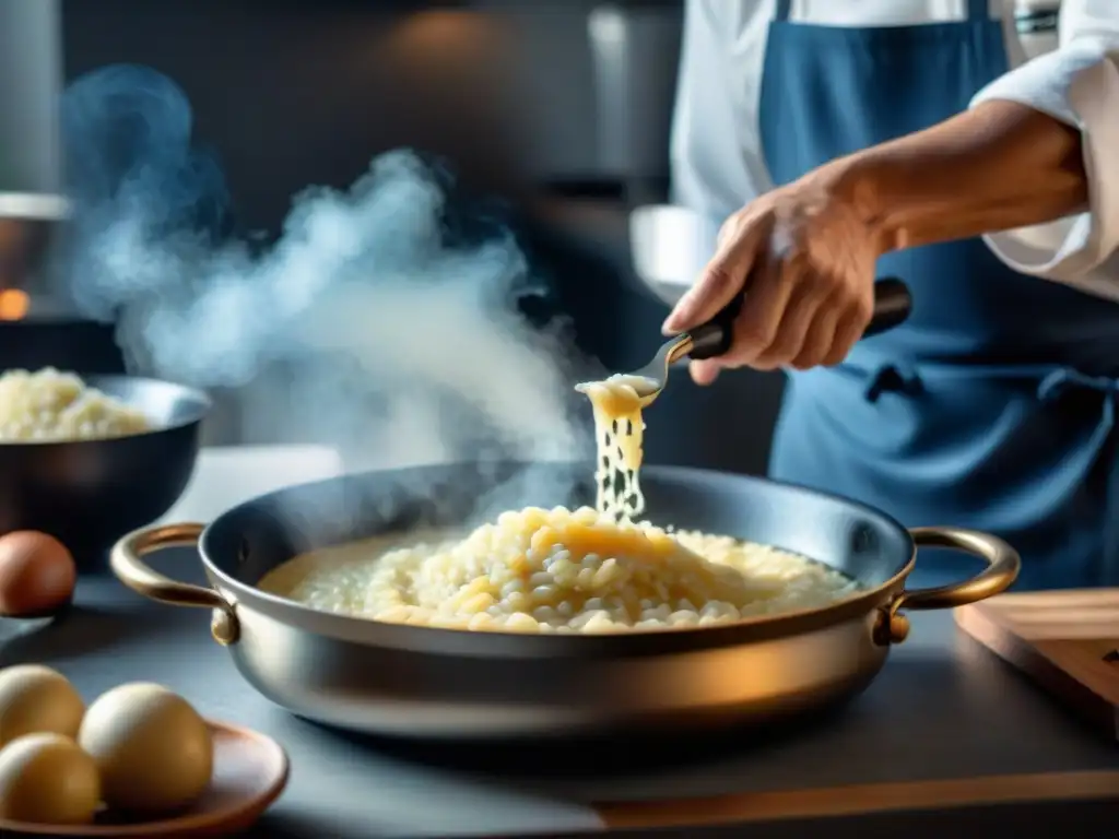 Un chef experto removiendo con cuidado un cremoso risotto en una sartén humeante, revelando los Secretos del risotto perfecto