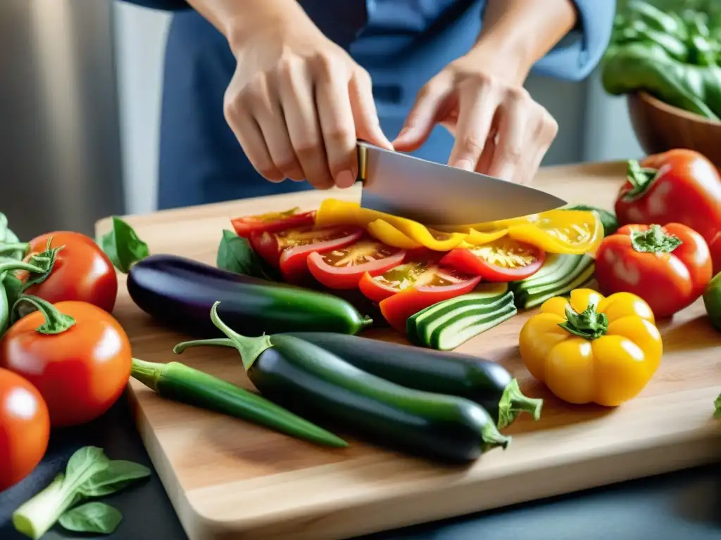 Un chef experto prepara con cuidado una receta de lasaña vegetariana saludable con verduras frescas en una tabla de cortar de madera