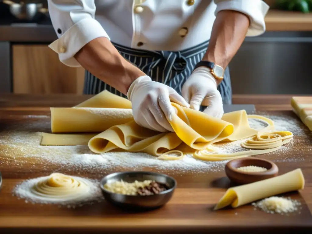 Un chef experto en un curso de cocina italiana online, amasa delicadamente pasta fresca con precisión y destreza