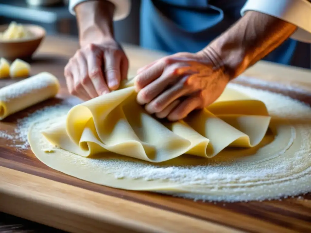 Chef experto en cursos de cocina italiana innovadores amasa delicada pasta fresca en encimera de madera