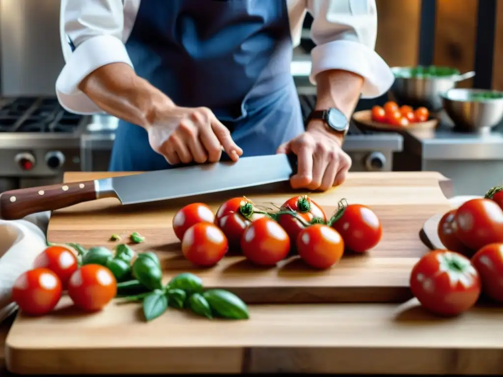 Un chef experto en un delantal chef personalizado cortando tomates en una cocina italiana