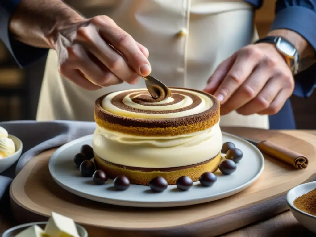 Un chef experto mezcla con delicadeza mascarpone en postres italianos exquisitos