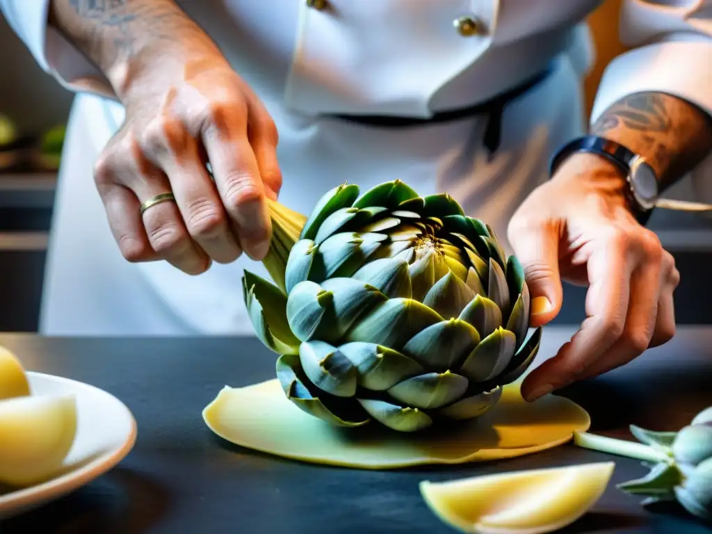 Un chef experto preparando una deliciosa receta italiana de alcachofas, resaltando la tradición culinaria italiana