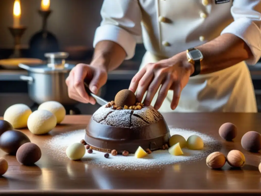 Un chef experto moldea un delicioso Tartufo helado en una cocina italiana rústica