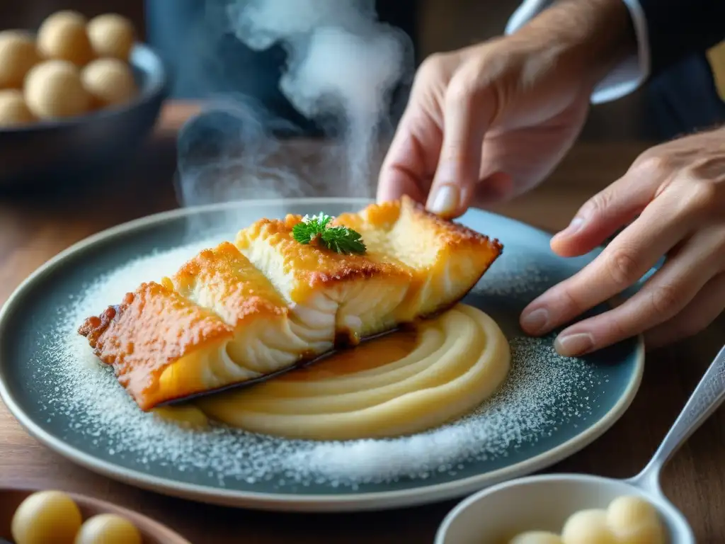 Un chef experto sumerge con destreza baccalà en una masa ligera y crujiente, revelando el arte de preparar baccalà fritto comida callejera