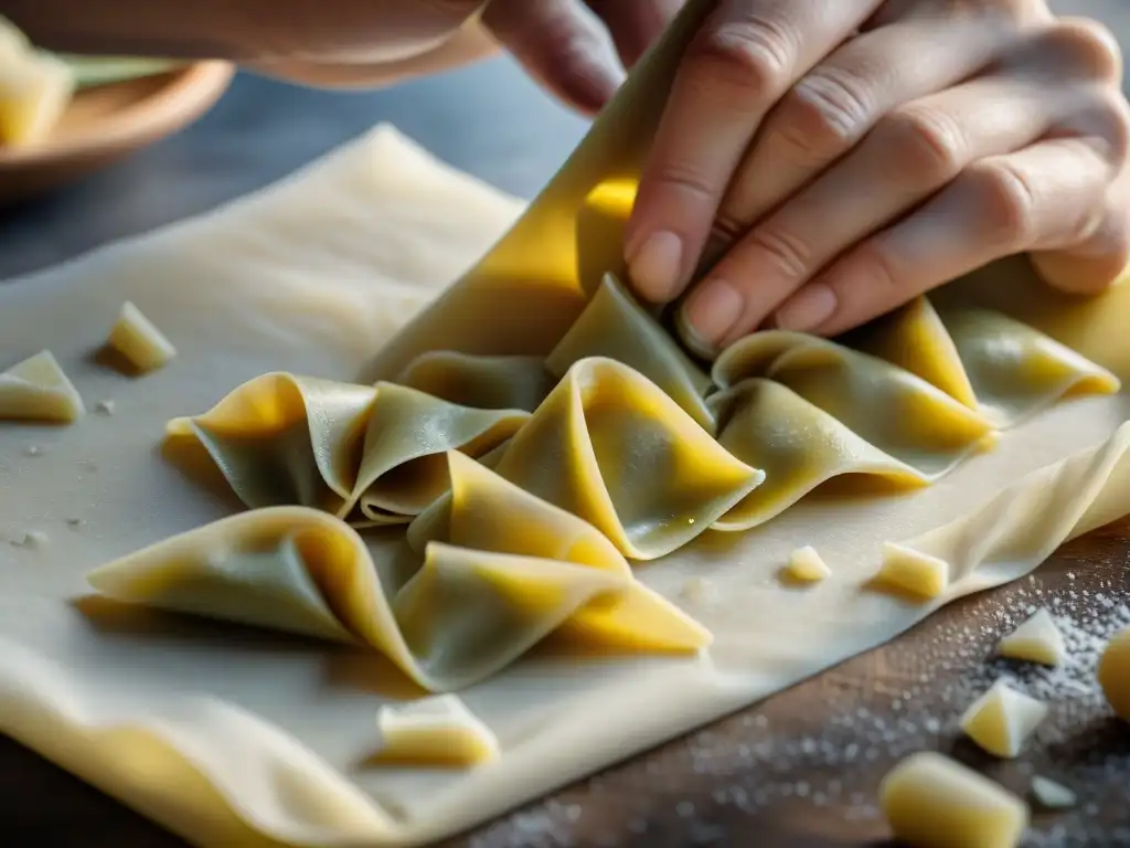 Un chef experto sella con destreza los bordes de la masa de pasta en la receta Agnolotti del plin vegetariano, mostrando su arte y precisión