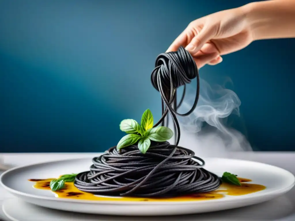 Un chef experto prepara con destreza un exquisito Spaghetti Nero Seppia bajo calorías en una cocina moderna