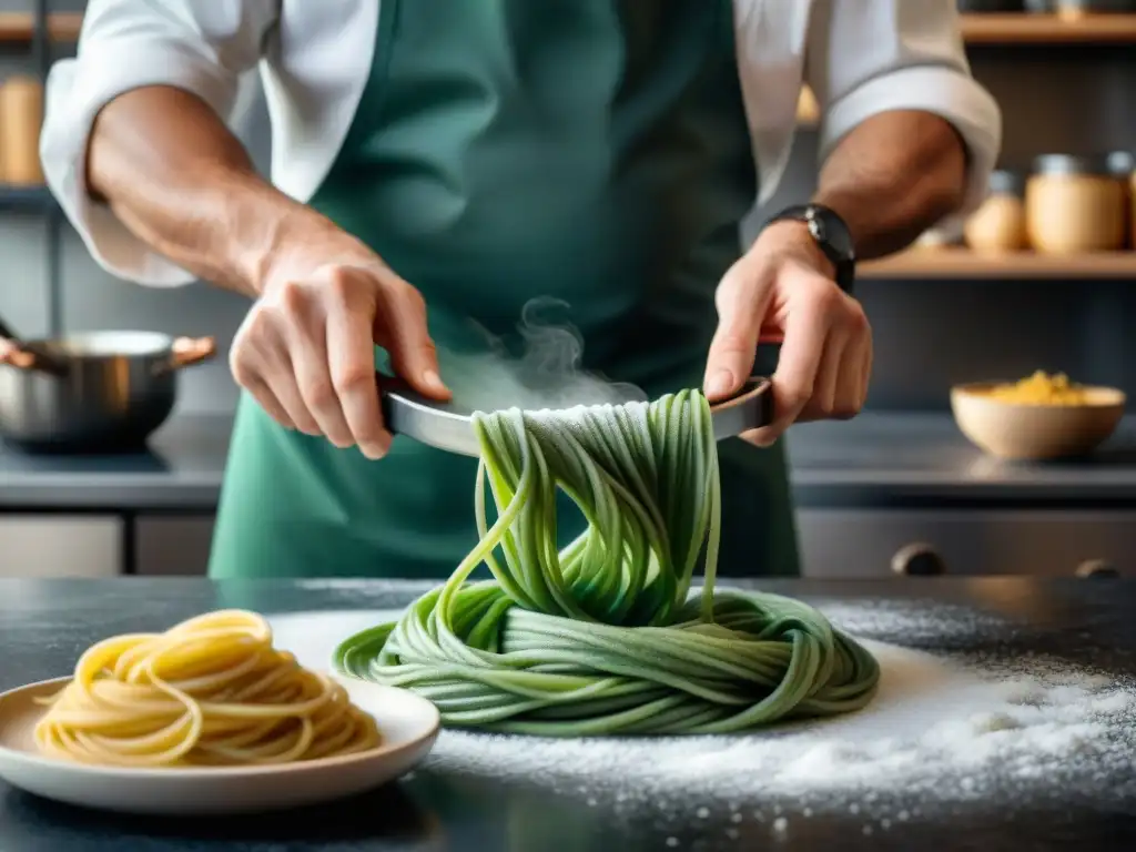 Un chef experto moldea con destreza una masa de pasta verde en una cocina profesional