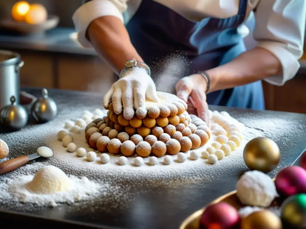 Un chef experto moldea con destreza la masa de la receta tradicional Struffoli Nápoles en una cocina bulliciosa