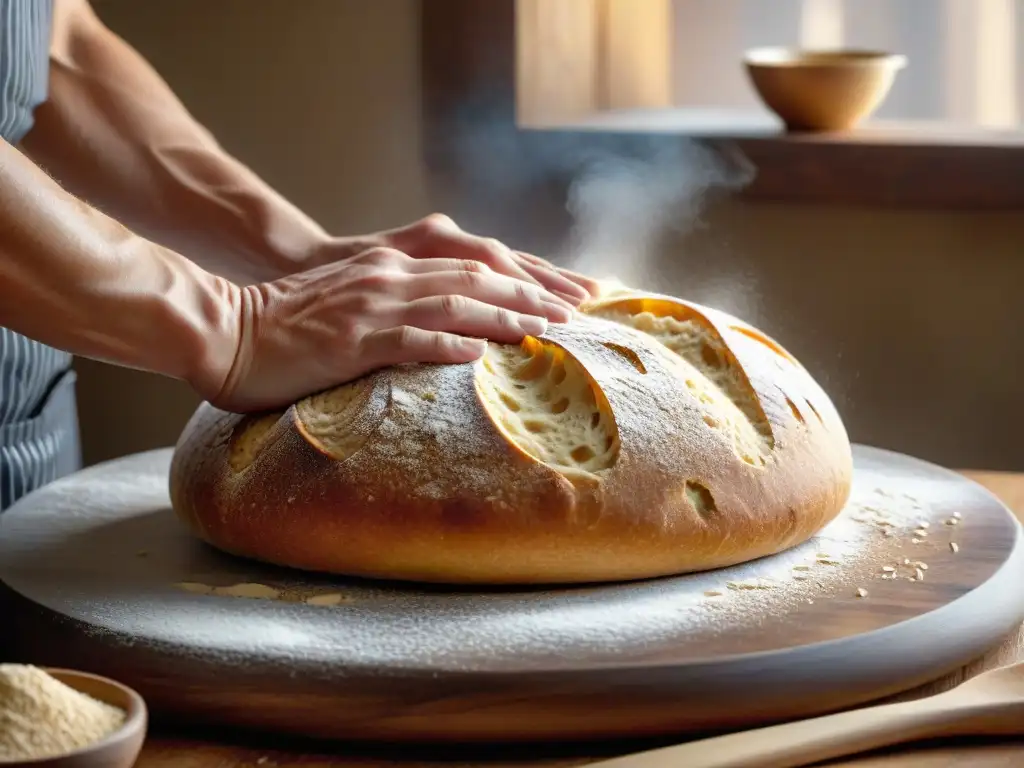 Un chef experto amasa con destreza una masa de espelta italiana en dietas saludables, resaltando la textura y elasticidad del pan artesanal