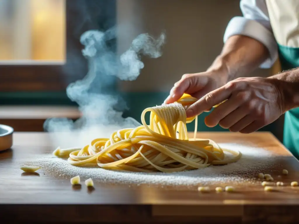 Un chef experto moldea con destreza pasta, con influencias renacentistas en cocina italiana