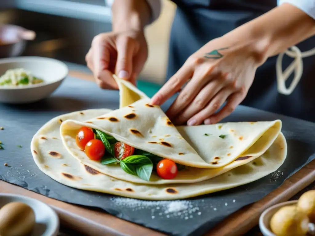 Un chef experto dobla con destreza una receta auténtica piadina romagnola, mostrando tradición culinaria italiana y técnica artesanal