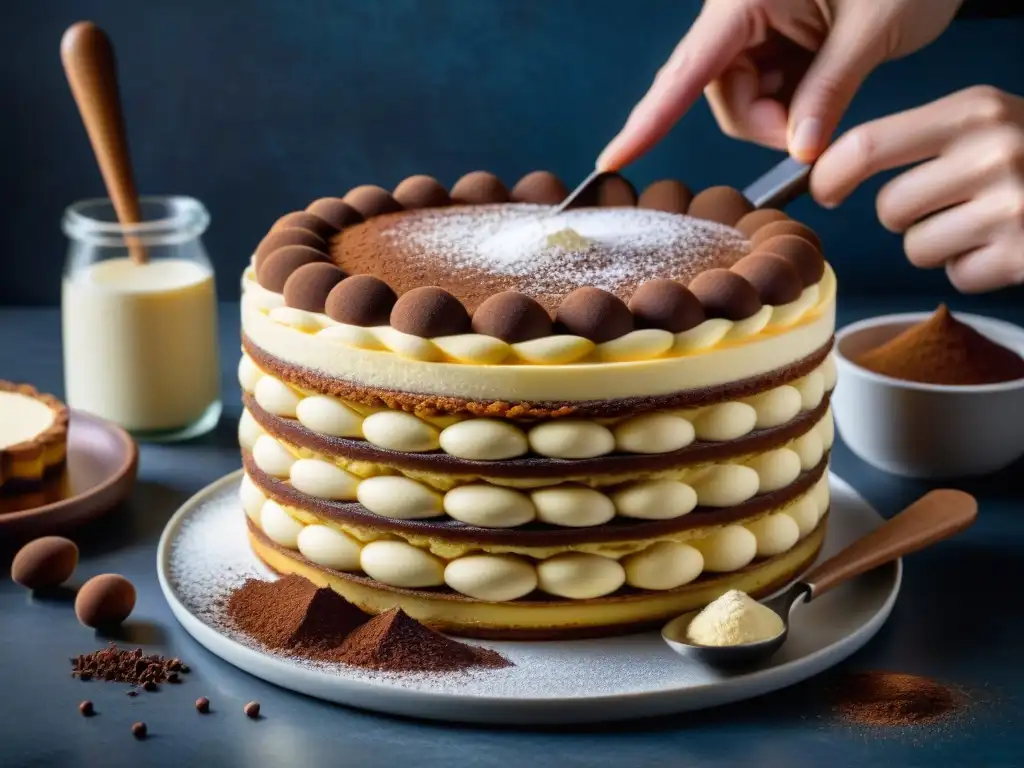 Un chef experto preparando con destreza un Tiramisú, innovaciones postres italianos deliciosos