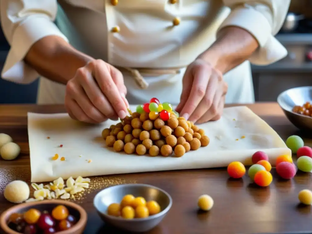 Un chef experto moldea los diminutos Struffoli dorados con fruta confitada sobre una receta tradicional Struffoli Nápoles