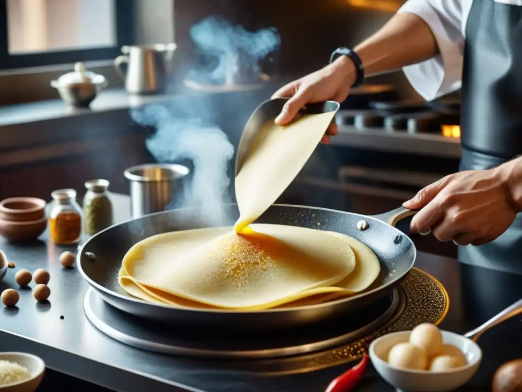 Un chef experto voltea una crespella dorada en una sartén, mostrando maestría culinaria