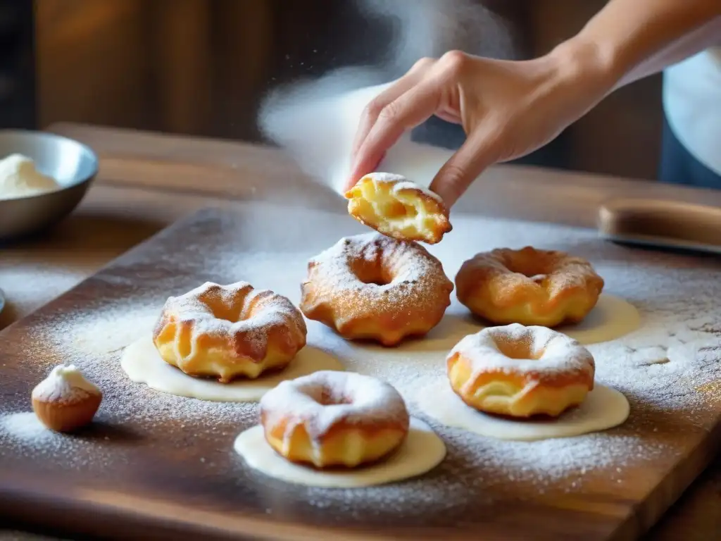 Un chef experto moldea y fríe zeppole doradas en una cocina italiana rústica