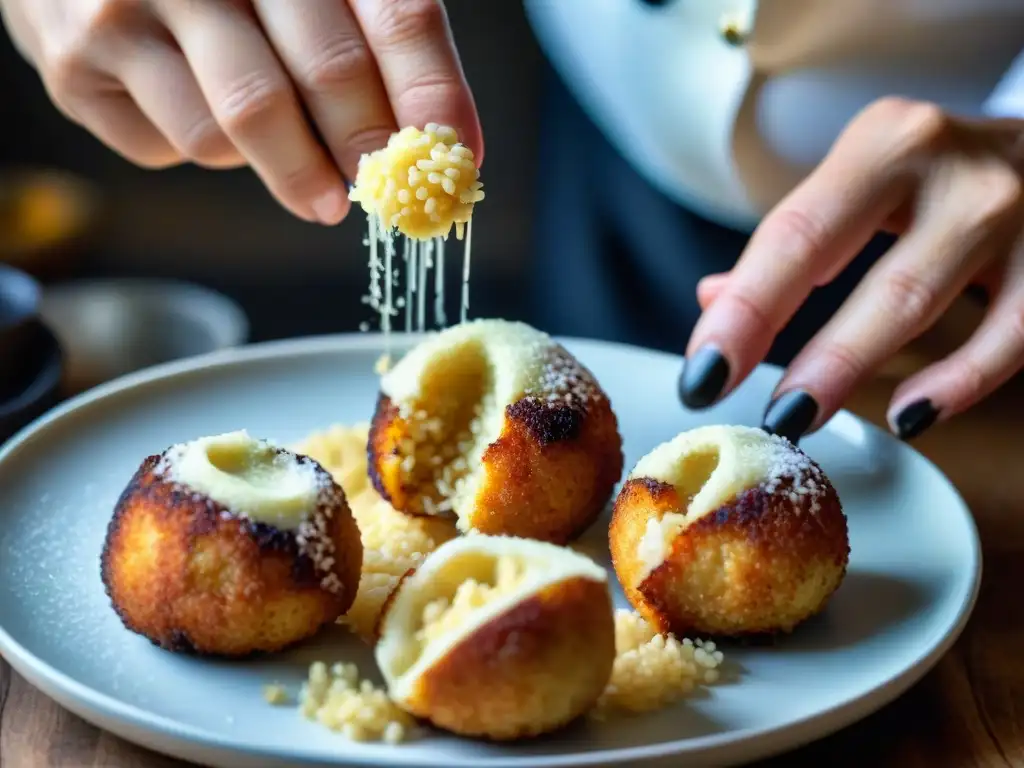 Un chef experto forma arancini dorados con arroz recién cocido, destacando texturas y tatuajes coloridos en las manos