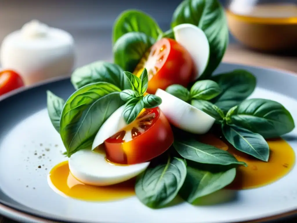 Chef experto añade bálsamo balsámico a ensalada Caprese, resaltando importancia aceites vinagres cocina italiana