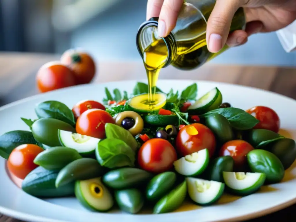 Chef experto realza una ensalada mediterránea con aceite de oliva virgen extra, destacando las diferencias entre aceite de oliva