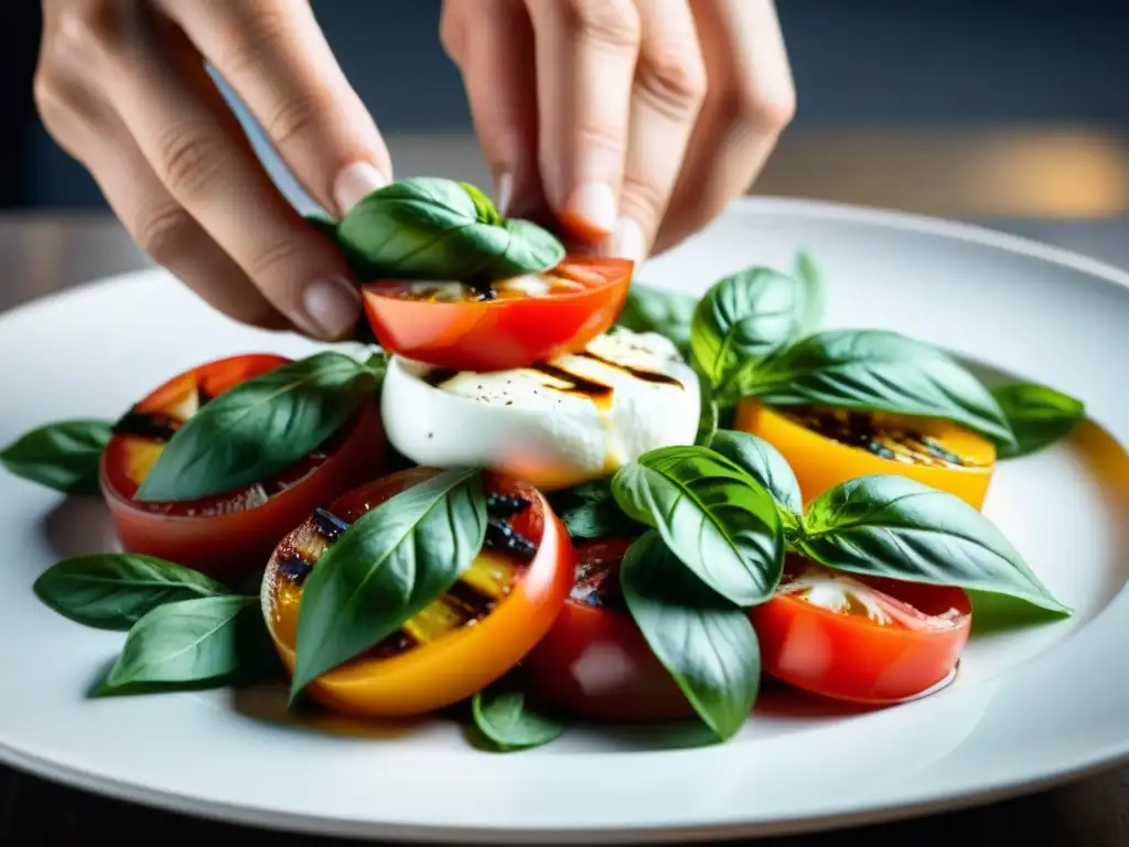 Chef experto realza una ensalada caprese con vinagre balsámico, destacando los beneficios del vinagre en cocina italiana