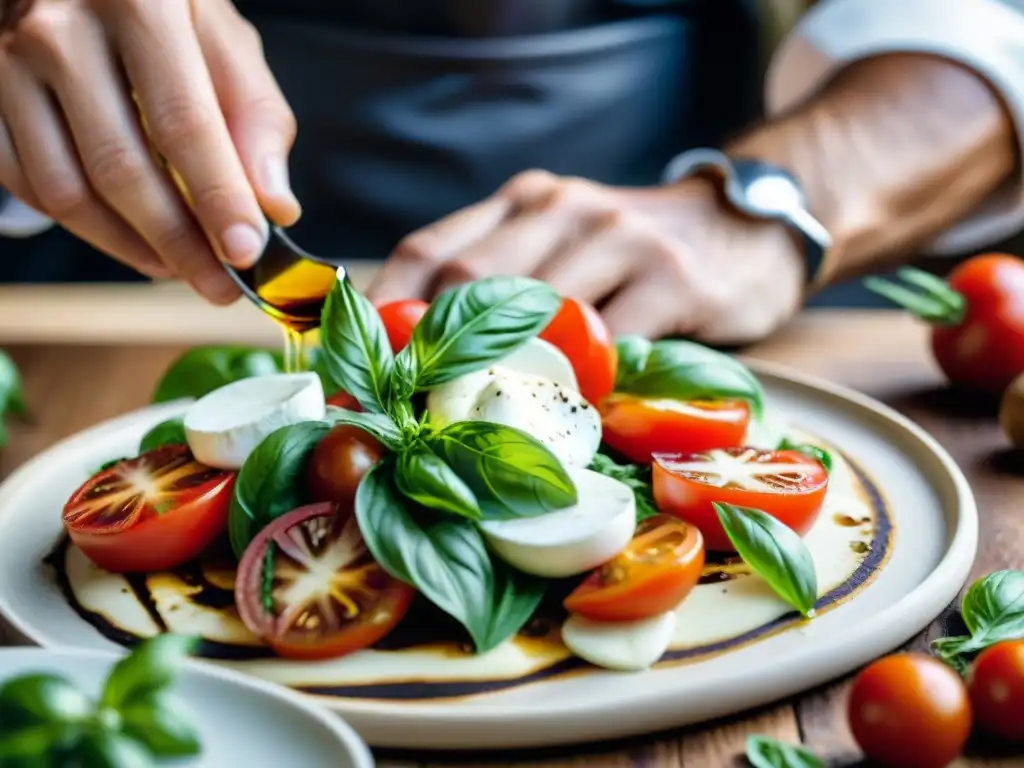 Chef experto condimenta una ensalada Caprese con vinagre balsámico, realzando sabores italianos