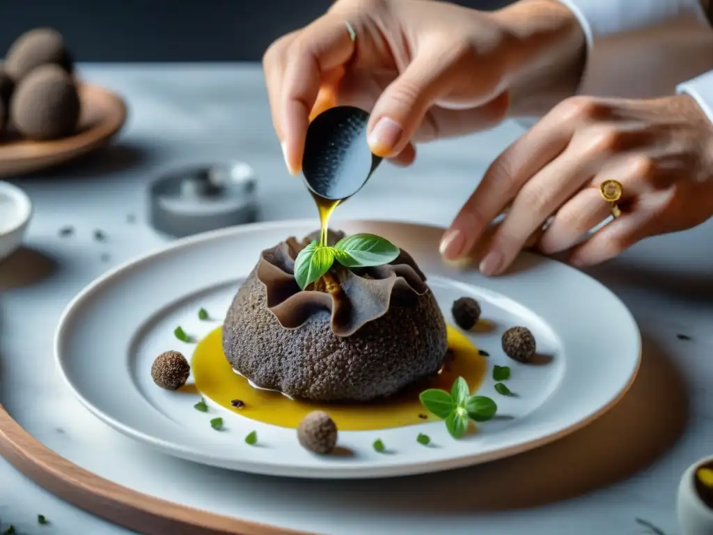 Un chef experto prepara con esmero un Carpaccio de Trufa Receta Exclusiva, agregando láminas de trufa sobre el plato