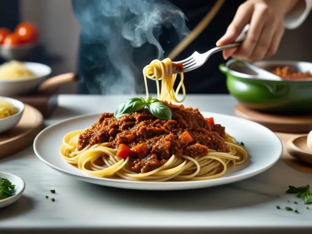 Un chef experto enrolla espaguetis boloñesa en un tenedor en una bulliciosa cocina italiana