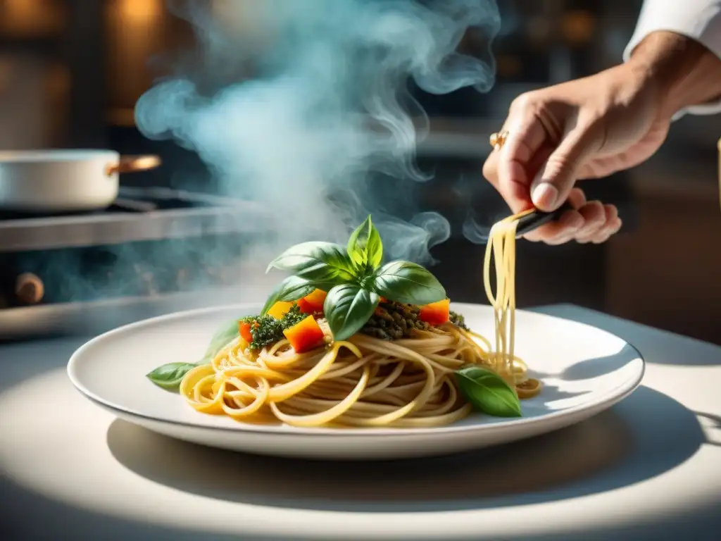 Un chef experto preparando una exquisita receta de cocina italiana, con ingredientes frescos y una presentación impecable