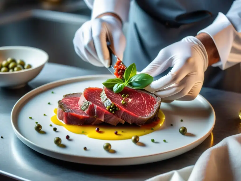 Un chef experto prepara un exquisito carpaccio en una cocina italiana tradicional