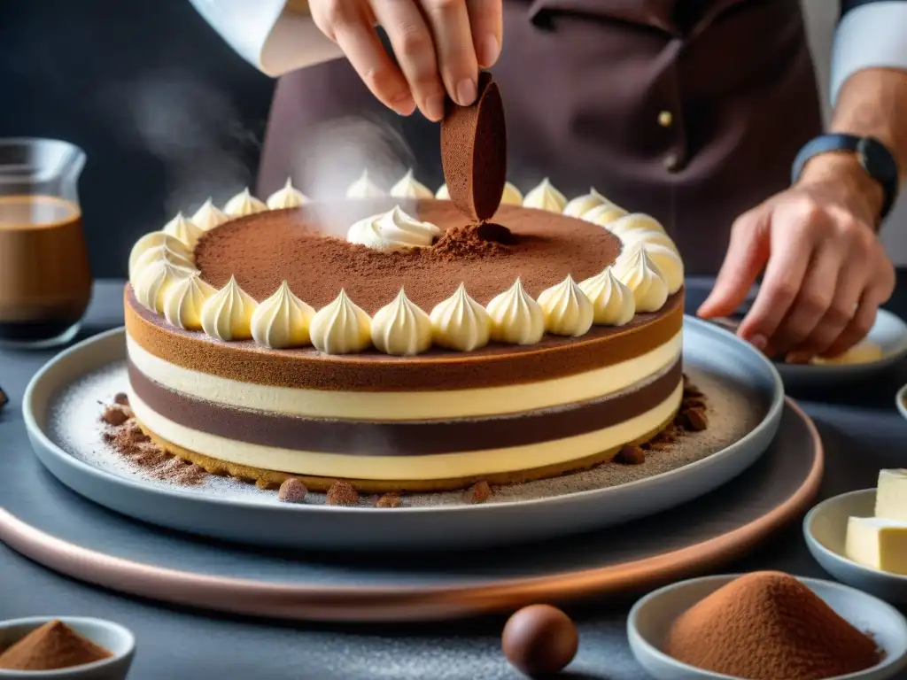 Un chef experto prepara un exquisito tiramisú rápido para paladares exigentes, mostrando arte culinario y precisión en cada capa