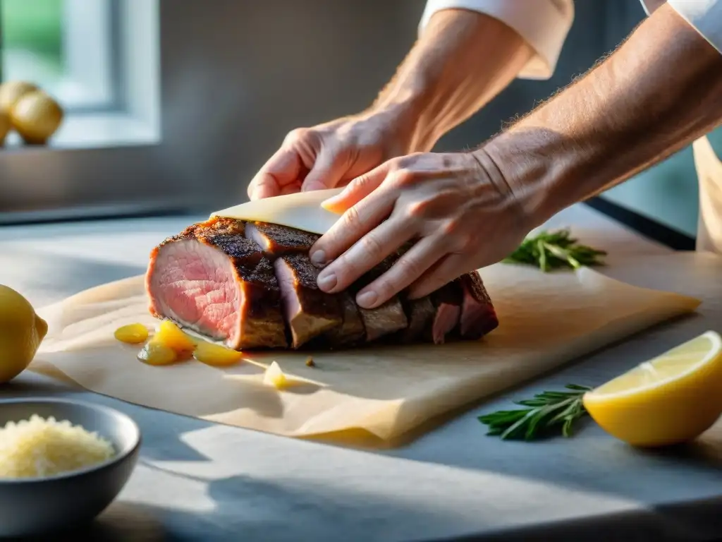 Un chef experto martillea una fina loncha de ternera para preparar la auténtica receta de Scaloppine al Limone