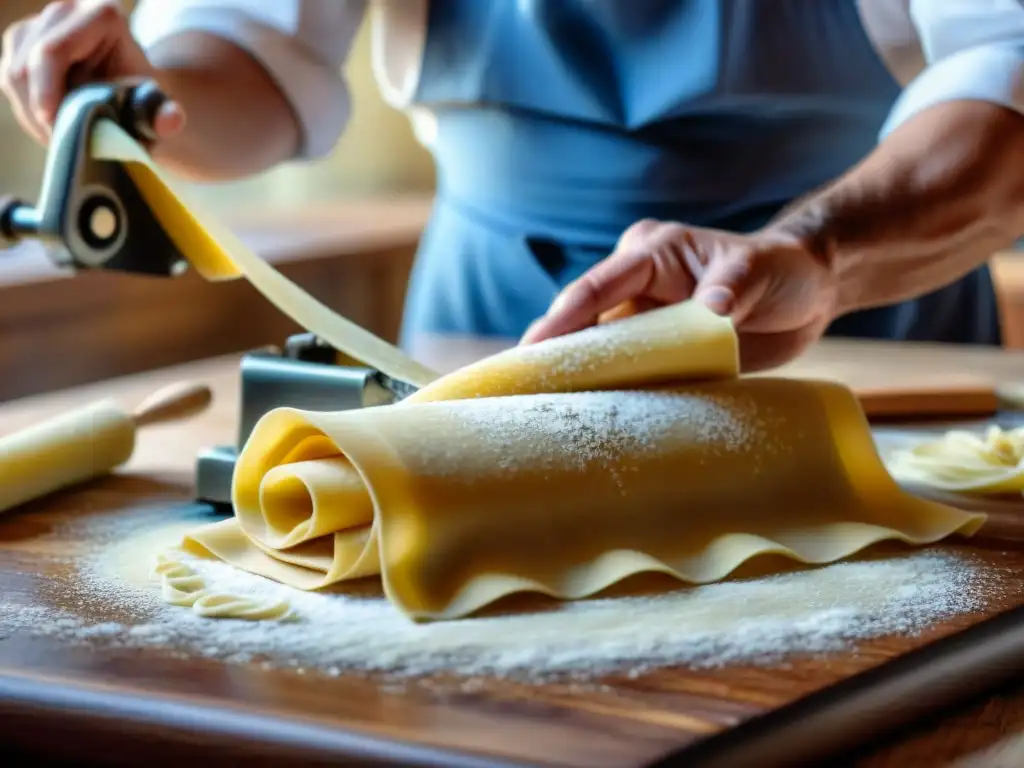 Un chef experto elabora finas láminas de pasta fresca en una encimera de madera, destacando las técnicas de cocina italiana