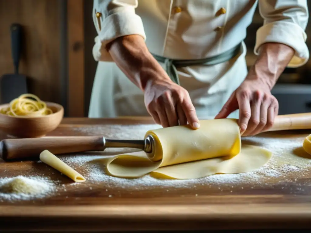 Un chef experto amasa finas láminas de masa fresca con rodillo de madera italiano en cocina rústica iluminada