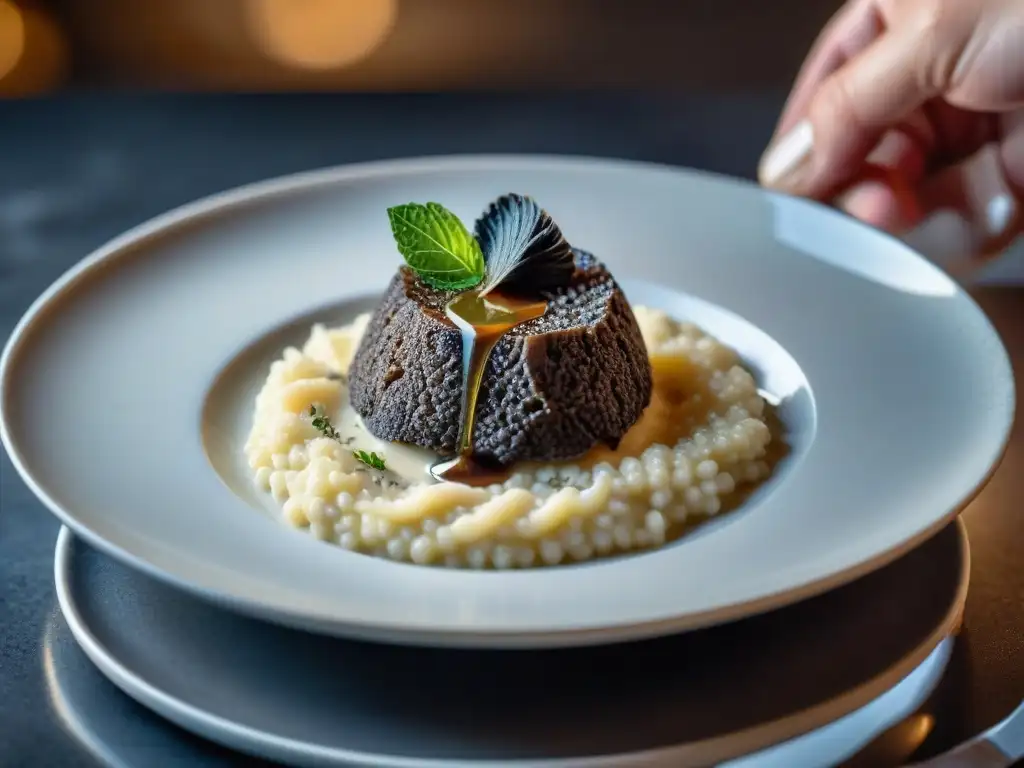 Un chef experto añade finas láminas de trufa negra a un exquisito risotto cremoso, resaltando su aroma y textura